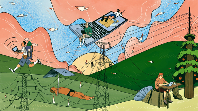 Through signals from communication towers, people exchange ideas via digital transmission across different locations, accomplishing their work and building a digital community.